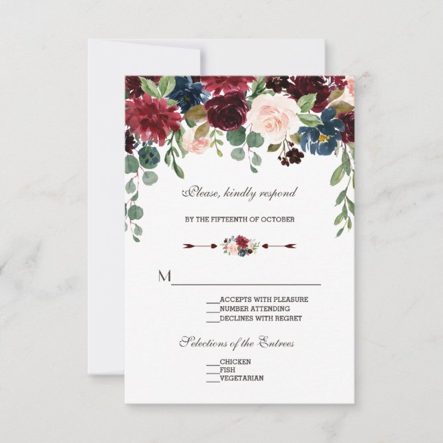 Elegante Marina Merlot Boda Floral Azul RSVP (Anverso)