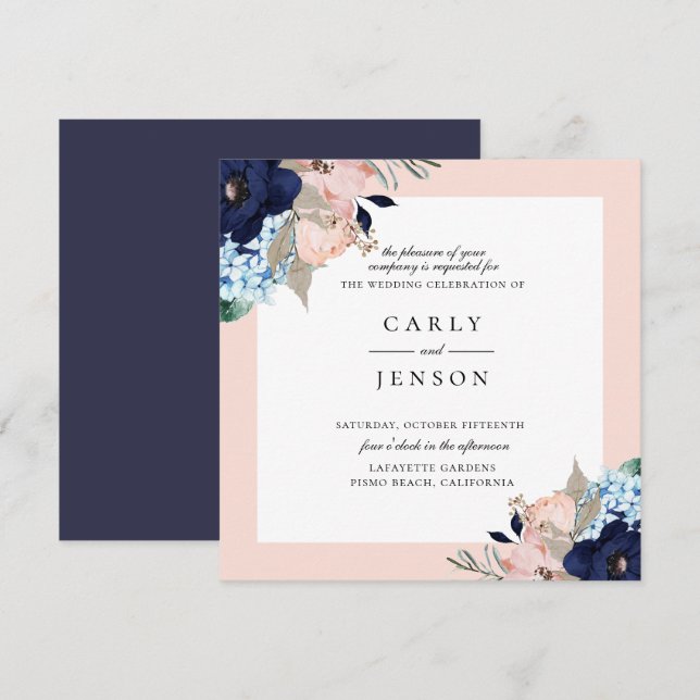 Elegante marina + Rubor Invitación a la boda flora (Anverso / Reverso)