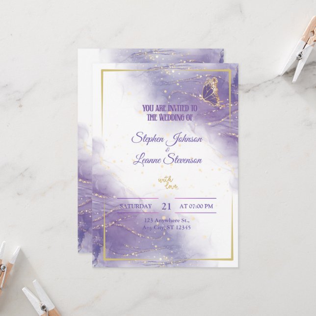 Elegante mariposa morada - Invitación a la boda de (Anverso/Reverso In Situ)
