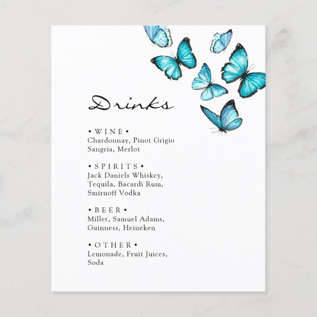 Elegante mariposas azules boda Menú de bebidas (Anverso)