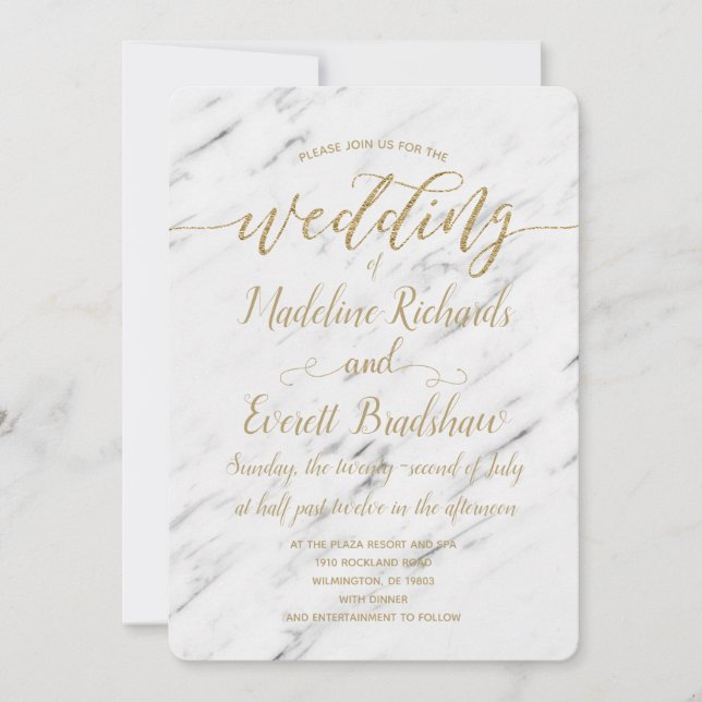 Elegante Mármol Blanco y Boda de Oro Invitación (Anverso)