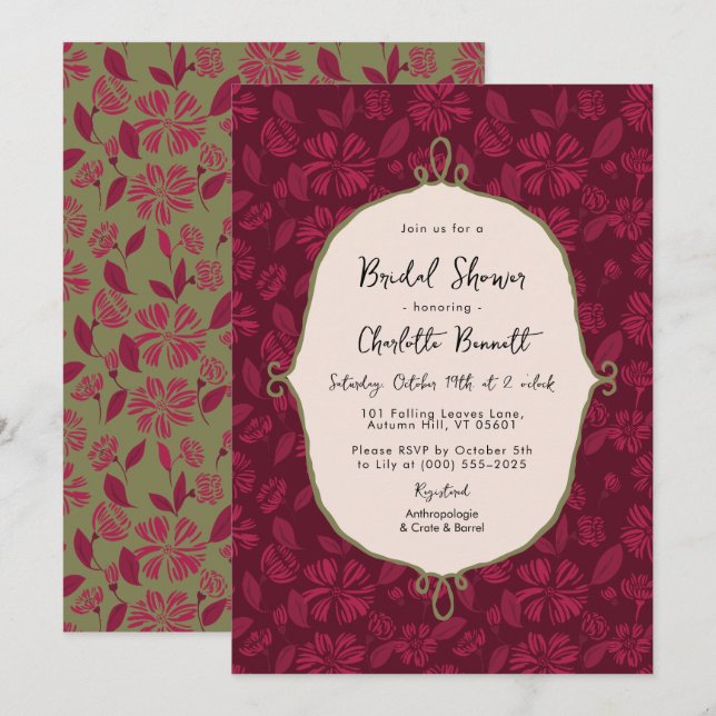 Elegante Maroon Floral Bridal Shower Invitación (Anverso / Reverso)