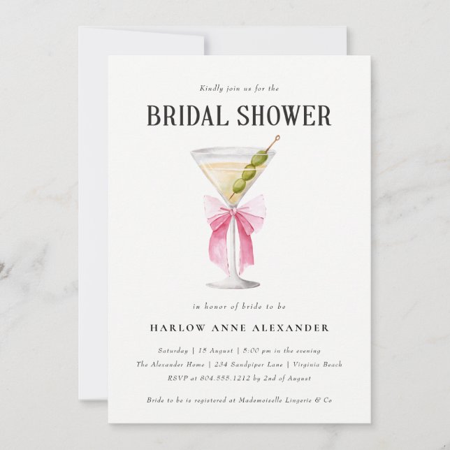 Elegante Martini Cocktail Bridal Shower Invitación (Anverso)