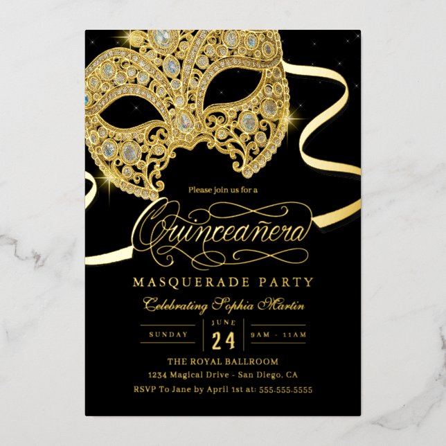 Elegante Mascarada de Oro Invitación Quinceanera (Anverso)