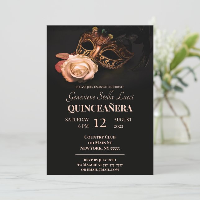 Elegante Mascarada e Invitación de fiesta Rosa (Anverso de pie)