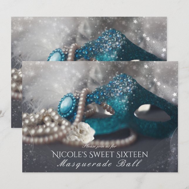 Elegante Mascarada Máscara y Perlas invitaciones a (Anverso / Reverso)