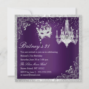 Elegante Mascarada Púrpura y Plata Invitación 21