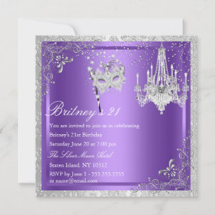 Elegante Mascarada Púrpura y Plata Invitación 21
