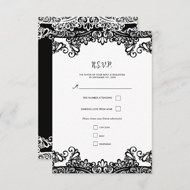 Elegante matrimonio de encaje blanco y negro RSVP (Anverso / Reverso)