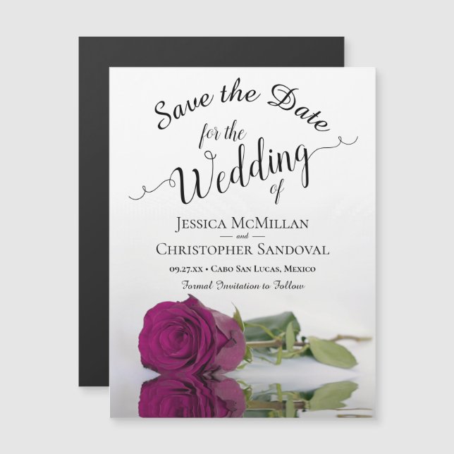 Elegante matrimonio de Rosas magenta salva el imán (Anverso/Reverso)