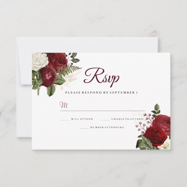 Elegante matrimonio floral rojo borgoña RSVP (Anverso)