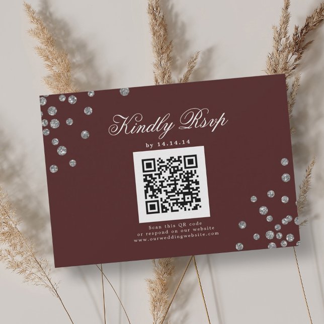 Elegante matrimonio QR RSVP Silver Confetti Borgoñ (Elegant Wedding QR RSVP Silver Confetti Burgundy)