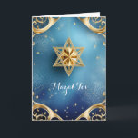 Elegante Mazal Tov, Tarjeta de Felicitación Doble<br><div class="desc">Estrella dorada de David con exquisitos detalles dorados sobre un fondo azul; la felicitación es "Mazal Tov" en la parte frontal. El interior se ha dejado en blanco para que puedas personalizar esta elegante tarjeta. Se sugiere para bodas, cumpleaños, bar mitzvahs, bat mitzvahs y otras ocasiones especiales o días festivos....</div>