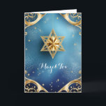 Elegante Mazel Tov, Tarjeta de Felicitación Doble<br><div class="desc">Estrella dorada de David con exquisitos detalles dorados sobre un fondo azul; la felicitación es "Mazel Tov" en la parte frontal. El interior se ha dejado en blanco para que puedas personalizar esta elegante tarjeta. Se sugiere para bodas, cumpleaños, bar mitzvahs, bat mitzvahs y otras ocasiones especiales o días festivos....</div>