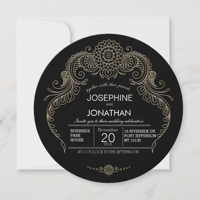 Elegante Mehndi Design invitación a la boda-negro (Anverso)
