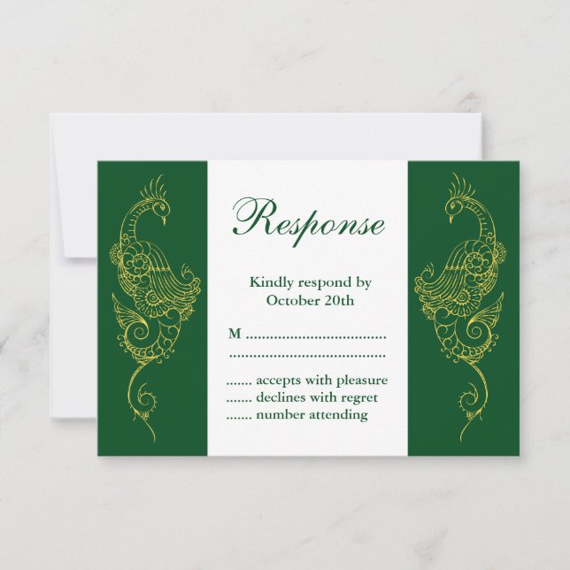 Elegante Mehndi Peacock Wedding RSVP Blanco Verde (Anverso)