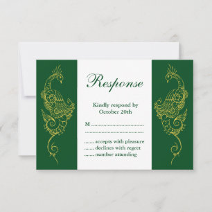 Elegante Mehndi Peacock Wedding RSVP Blanco Verde