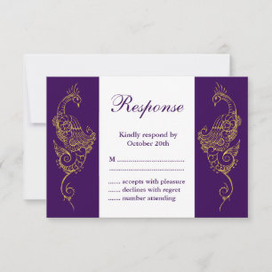 Elegante Mehndi Peacock Wedding RSVP Purple White