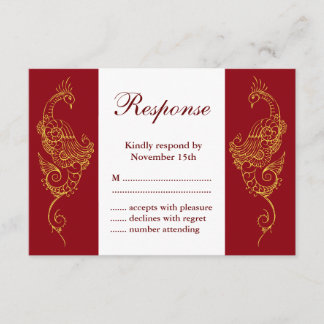 Elegante Mehndi Peacock Wedding RSVP - Rojo y Blan