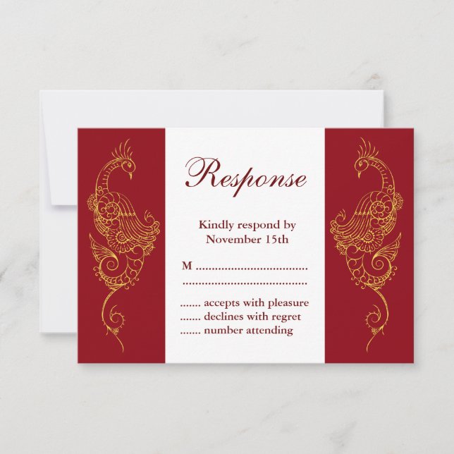 Elegante Mehndi Peacock Wedding RSVP - Rojo y Blan (Anverso)