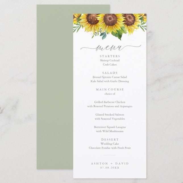Elegante menú acuarela Boda girasol (Anverso / Reverso)
