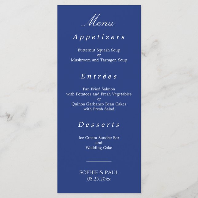 Elegante menú Boda azul oscuro (Anverso)
