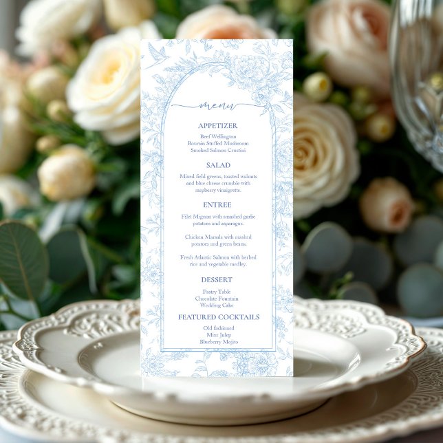 Elegante menú Boda azul turbio (Elegant Blue Floral Wedding Menu Front)