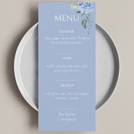 Elegante menú Boda beige azul hidrangea