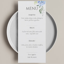 Elegante menú Boda beige azul hidrangea