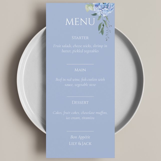 Elegante menú Boda beige azul hidrangea (Subido por el creador)