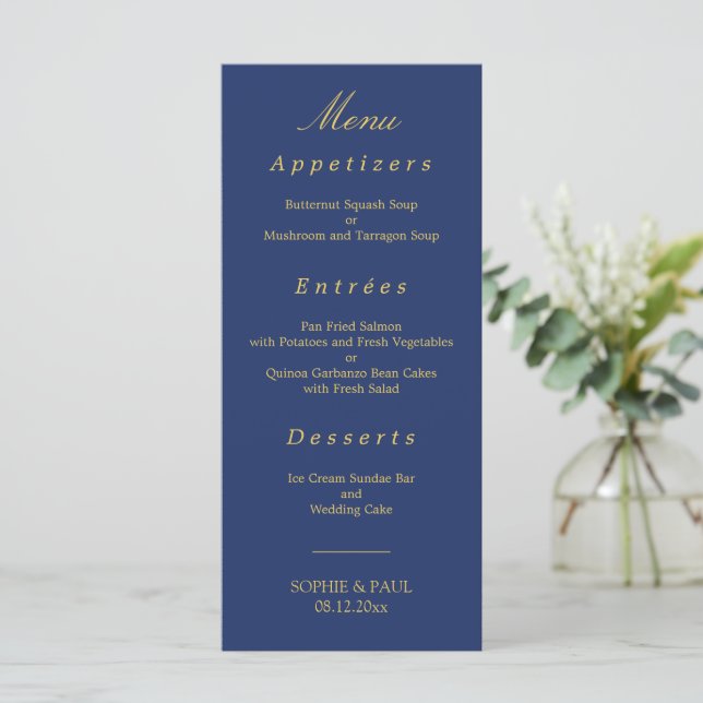 Elegante menú Boda beige dorado de la Marina Azul (Anverso de pie)