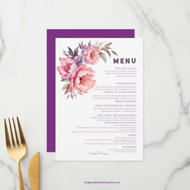 Elegante menú Boda Boho Purple Peony (A Symphony of Flavor with our Elegant Purple Peony Wedding Menu.)