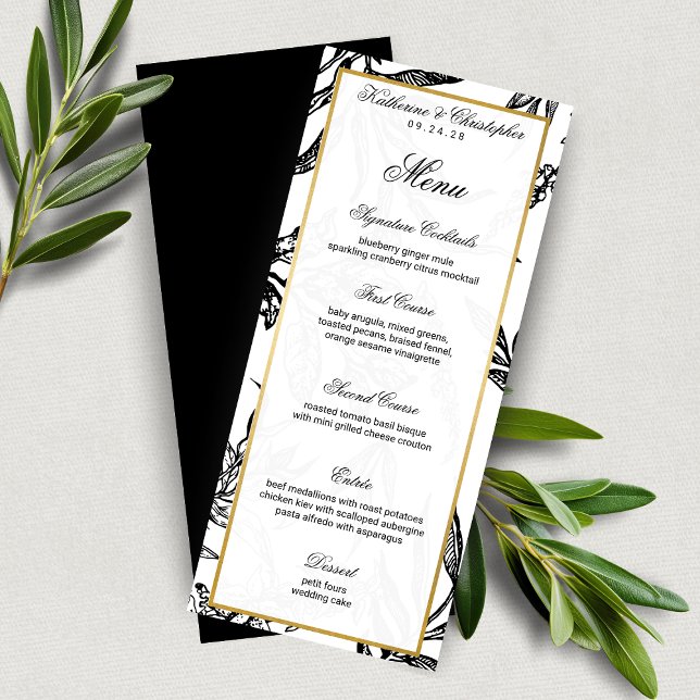 Elegante menú Boda botánico de oro negro (Elegant Black Gold Botanical Wedding Menu)