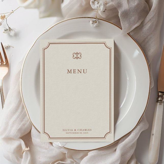 Elegante menú Boda clásico marrón y crudo (Elegant Vintage Brown & Ecru Classic Wedding Menu)