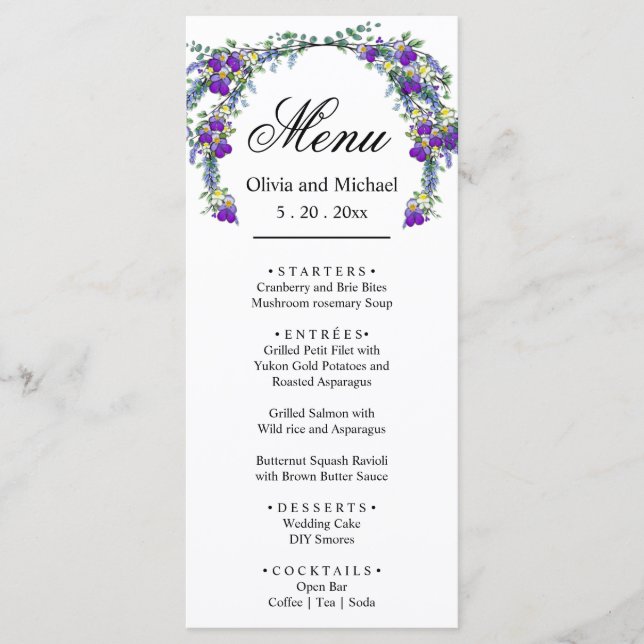 Elegante menú Boda color agua violeta (Anverso)