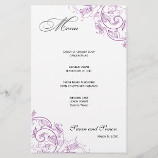 Elegante menú Boda con flores moradas