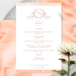 Elegante menú Boda de acuarela monogramada<br><div class="desc">Bienvenido a su mesa con este elegante menú boda monogramado, con un exquisito monograma a mano con iniciales de parejas y rayas de color melocotón. De vuelta con un hermoso lavado acuático en una variedad de melocotón, crema, coral y polvorientos tonos naranjas. Parte de nuestra colección "Peach Watercolor Botanical Monogram...</div>