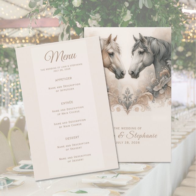 Elegante menú Boda de caballos (Elegant Horse Wedding Menu (front and back))