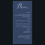 Elegante menú Boda de caligrafía azul marino<br><div class="desc">Elegante boda azul marino o carta de menú de la cena. Diseño contemporáneo, sencillo y elegante con una hermosa caligrafía escrita a mano. Color de fondo frontal y posterior en azul marino. Capacidad para cambiar el color de fondo frontal y/o posterior seleccionando "personalizar más adelante". Diseño disponible en una variedad...</div>