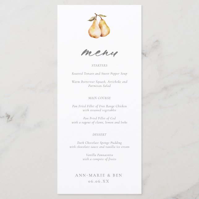 Elegante menú Boda de caligrafía Pears (Anverso)