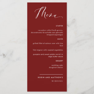 Elegante menú Boda de caligrafía roja de Borgoña