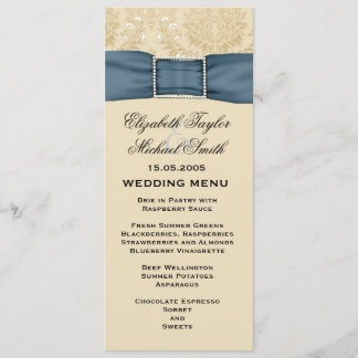 Elegante menú Boda de cinta azul de damasco dorado
