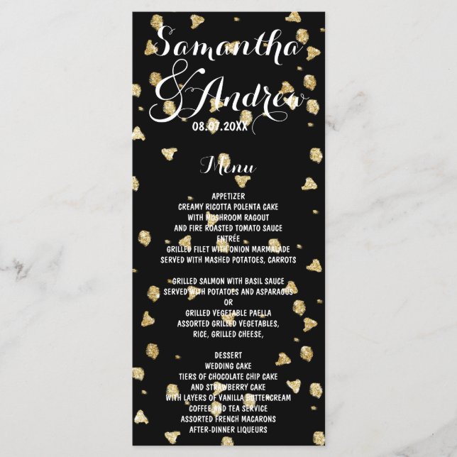 Elegante menú boda de confetti de oro falso (Anverso)