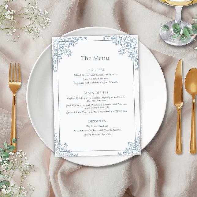Elegante menú Boda de cuadros azules y blancos (Elegant shabby chic blue and white french country bridgerton inspired romantic wedding menu cards)