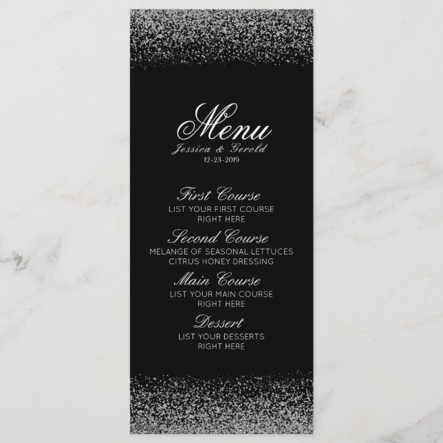 Elegante menú Boda de diamantes en blanco y negro (Anverso)