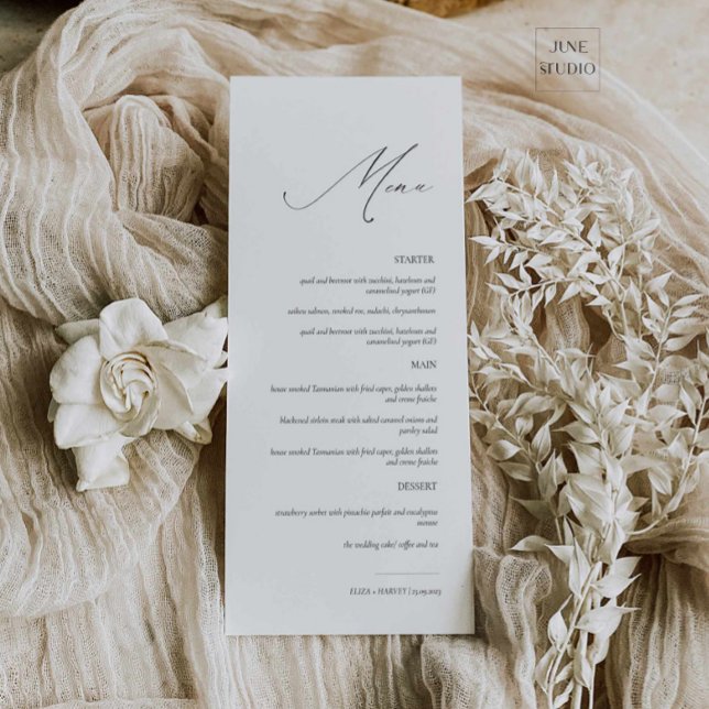 Elegante menú Boda de escritura moderna (elegant modern script wedding menu card, 4x9 dainty wedding menu, long menu, modern minimalist menu)