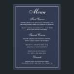Elegante menú Boda de guion blanco azul de la mari<br><div class="desc">Una forma elegante de mostrar a sus huéspedes sus opciones de menú. Texto blanco sobre un fondo azul marino. ... Se ha combinado un elegante tipo de letra boda de guiones con un estilo moderno, todo tipo de letra caps, creando un elegante y sencillo menú boda. Se ha asignado un...</div>