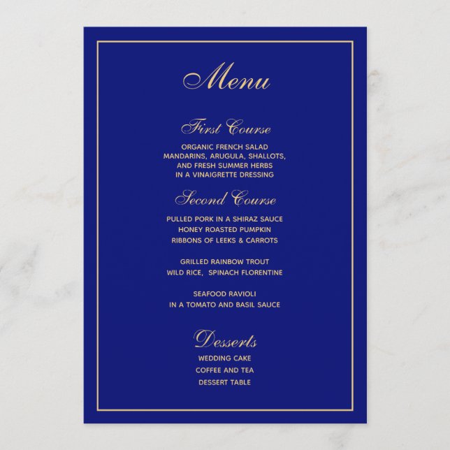 Elegante menú Boda de guiones dorados azules (Anverso)