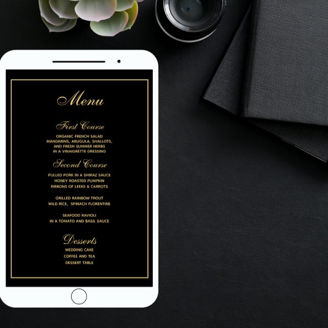 Elegante menú Boda de guiones dorados negros (Subido por el creador)