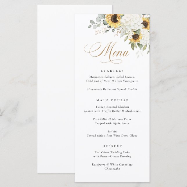 Elegante menú Boda de hidrangea blanca y girasoles (Anverso / Reverso)